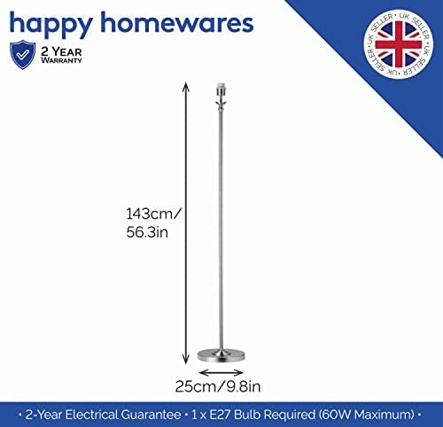 Happy Homewares Traditional Classic Satin Nickel Floor Lamp Base with Inline Foot Switch Button and Decorative Ornate Base | 1 x E27 60w Maximum | 143cm Height