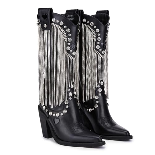 Dolls Kill Present Perfect Cowboy Boots by Sugar Thrillz - Vegan Leather Footwear With Rhinestone Fringe and Jewel Studs