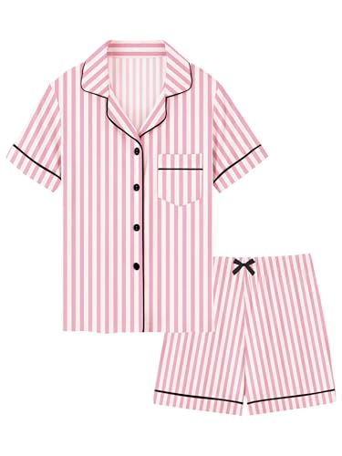 LANKMEI 100% Cotton Womens Short Sleeve Pajama Sets, Pink Stripes, X-Large - image 1