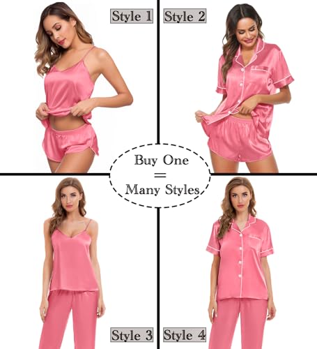 Image of SWOMOG Womens Silk Satin Pajamas Sets 4pcs Sleepwear Sexy Cami Shorts Set and Button Down Short Sleeve Pjs Loungewear Coral Red Medium