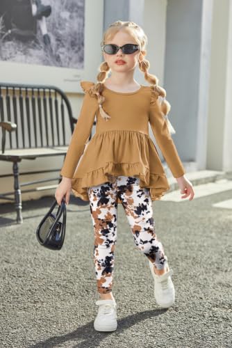 Image of Arshiner Toddler Girl Clothes Ruffle Trim Long Sleeve Pullover Top and Floral Print Leggings Fall Outfits Kids Clothing Sets