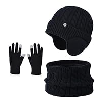 Kids Winter Hat Scarf Gloves Set Thermal Knit Hat With Warm Ear Covers Fleece Lining Elastic Neck Warmer Touchscreen Mitten for Children Aged 4-10 Cold Weather Outdoor Sports (Black)