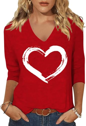 Image of Woffccrd Womens 3 /4 Sleeve V Neck T-Shirts Valentina's Day Spring Shirts Love Heart Printed Graphic Tees