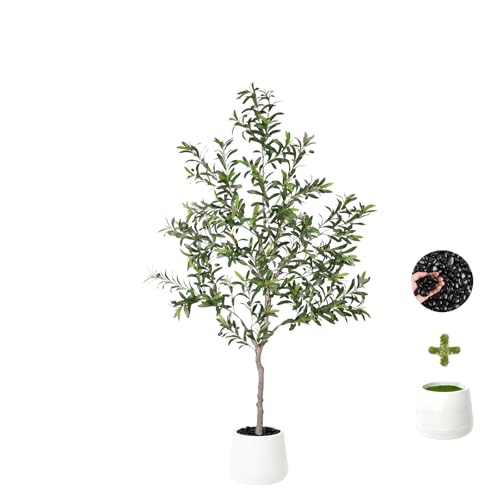 4.2ft Artificial Olive Trees Indoor Faux Olive Tree with White Planter Pot Artificial Plants Lifelike Fruits for Home Office MeetingRoom Living Room Indoor Outdoor Decor