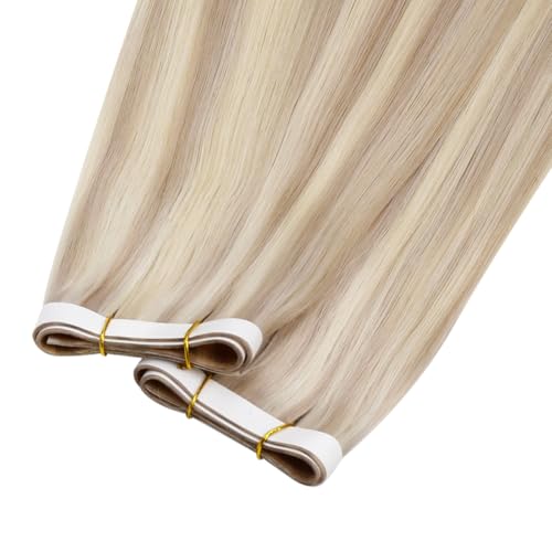 Image of LaaVoo Tape in Weft Extensions Blonde Weft Tape Hair Extensions Human Hair Genius Tape in Human Hair Extension Ash Blonde Highlight Bleach Blonde 18inch 50G