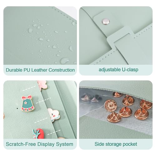 Image of Enamel Pin Display Book - 4 Page Leather Travel Organizer for Collectors, Portable Lapel Pin Holder with Secure Storage, Compact Pin Trading Book (Sage Green)