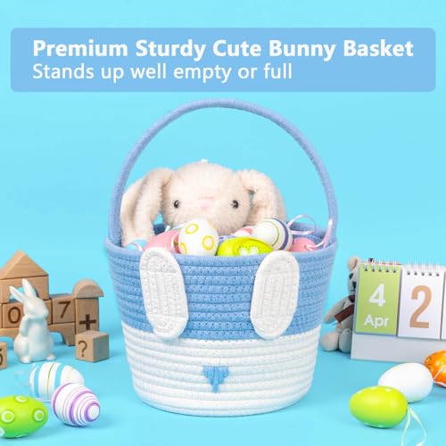 Image of CubesLand Empty Easter Basket for Kids Babies Boys and Girls, Cute Easter Treasure Hunt Bunny Basket, Sturdy Cotton Rope Gift Basket, Egg Hunts, Festive Decor & Gift Ideas - Blue, Large
