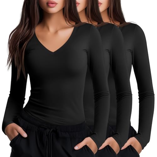 Neer 3 Pack Women Long Sleeve Underscrubs Shirt V Neck Slim Fitted Scrub Undershirts Comfort Nurse...
