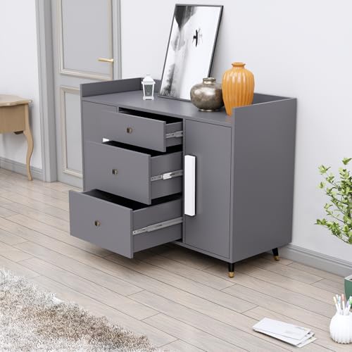 Image of Bniture Wooden Sideboard Cabinet for Living Room | Wooden Storage Cabinet with 2 Door & 3 Drawer | Engineered Wood Multipurpose Cabinet with Spacious Shelves for Home & Office | Slate Grey