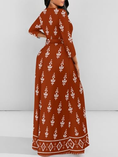 Image of Women Plus Size Long Sleeve V Neck Maxi Dress with Belt | Soft fabric relaxed fit three quarter sleeve v neck with pockets for party and daily wear