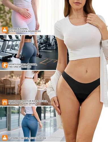 PoseFree Periodenunterwäsche Tanga Nahtlos 3er Pack - Atmungsaktive Menstruations String für Leichte Blutung & Sport | Unsichtbare Seamless | Größen M | 60°C Waschbar