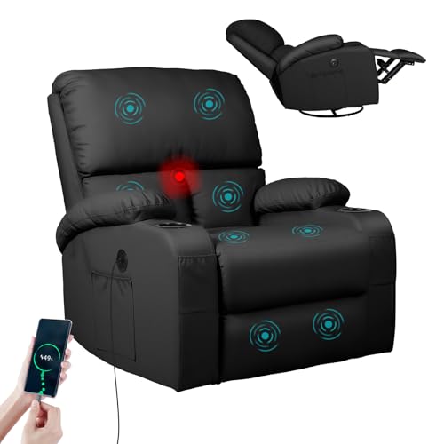 Image of LEVELEVE Rocking Recliner Chair, Massage Rocker Recliner Chair with Vibration Massage and Heat, USB and Type-C Ports,360 Swivel Faux Leather Chairs, Living Room, Bedroom, Nursery, RV, Black