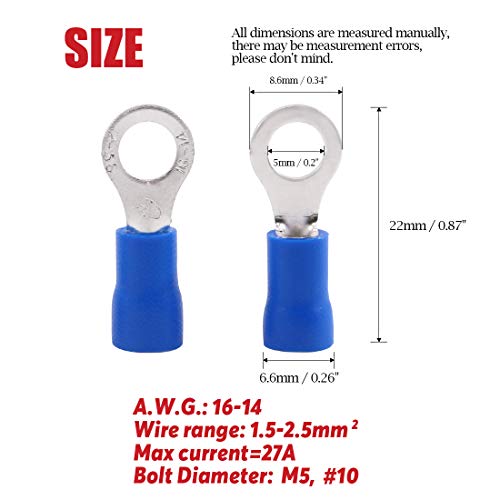 Hilitchi 100Pcs 16-14AWG Insulated Terminals Ring Electrical Wire Crimp Connectors (Blue, M5)