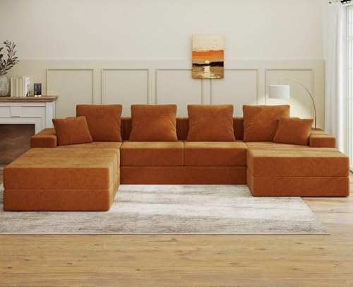 Image of Living&Giving 128 inch U-Shaped Cloud Sectional Couch for Living Room, Cloud Boneless Couch-No Assembly with Reversible Chaise, Customizable 4-Seat Modular Sectional Sofa with 3 Ottoman, Orange