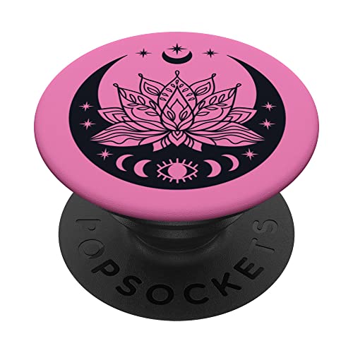 Moon and Eye and Lotus Flower Pink Women's Witchy New Age PopSockets Swappable PopGrip, Black