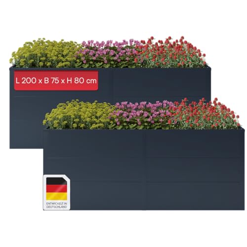 STEELSØN Icarus Hochbeet Metall – Pflanzenbeet 200x75x80 cm – Gemüsebeet Anthrazit – Beet für Garten & Balkon – Pflanzenkübel mit offener Bodenstruktur – Wetterfestes Gartenbeet – Kräuterbeet 2er-Set