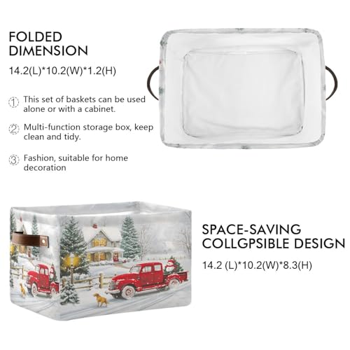 Image of Red Truck Christmas Storage Basket Bin Xmas Tree Winter Snowman Fabric Storage Box Cube with Handles Kids Toys Hamper Closet Shelves Basket Organizer for Bedroom Nursery Home Decorative