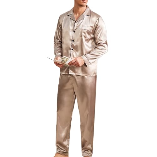Mens Silky Satin Pajamas Set Long Sleeve Top and Pants Nightwear Button-Down Pj Sets Sleepwear Loungewear