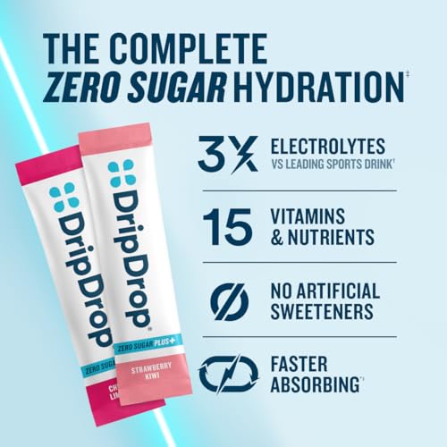 Image of DripDrop Zero Sugar Plus - Sugar Free Hydration Packets - Single Serve Electrolytes Powder Drink Mix - Strawberry Kiwi, Peach, Cherry Limeade, Wild Berry - Non-GMO, Vegan - 16 Sticks