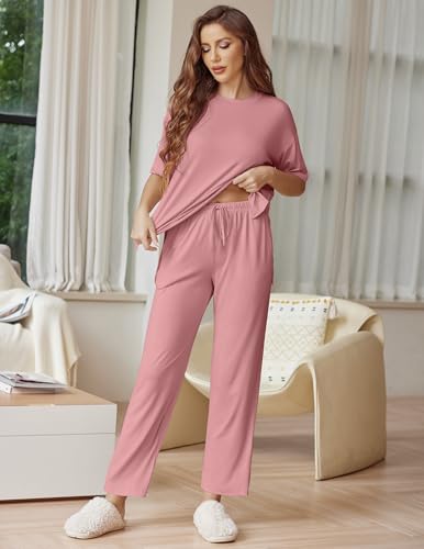 Image of Ekouaer Lounge Sets for Women Short Sleeve Tops and Long Pants Soft Comfy Pajamas Set 2 Piece Outfits