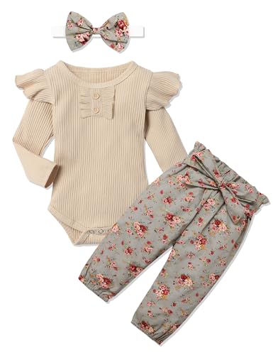 Image of KANGKANG Newborn Baby Girl Clothes Ribbed Ruffle Sleeve Romper + Floral Pants + Headband Cute Infant Baby Girl Outfit 3Pcs