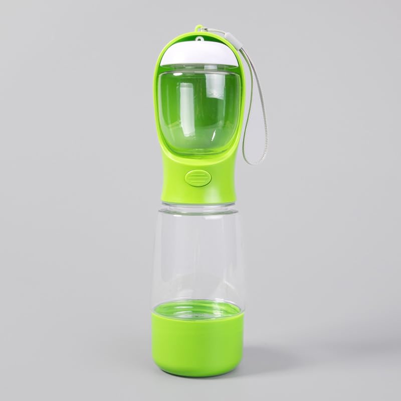 Pet Water Bottle Multifunctional 13oz Water + 6oz Food, Leakproof Portable Dog/Cat Bottle w/Poop Bag Holder-Green