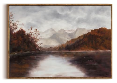 Image of KISSFOX Vintage Fall Countryside Framed Wall Art Autumn Lake Mountain Forest Landscape Canvas Art Farmhouse Nature Paintings Artwork Rustic Serene Art Prints For Kitchen Living room Bedroom