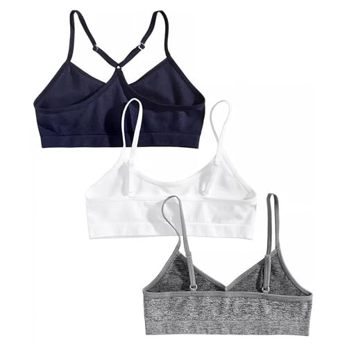 Maidenform Girls' Seamless 3-Pack Beginner Crop Bra (Little Big Kids), Heather Grey/White/Navy, Medium