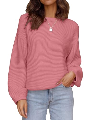 Image of ZESICA Women's Crew Neck Long Lantern Sleeve Fall 2026 Casual Loose Ribbed Knit Solid Soft Pullover Sweater Tops