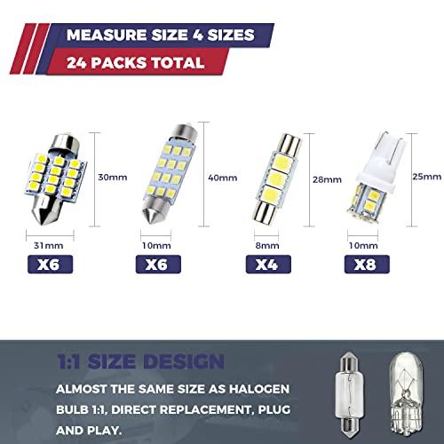 24 Pieces Led Car Bulb Kit Set For Interior, Dome, Map, Door, Courtesy, Cargo, License Plate Lights, Incl. Vanity Mirror Light, T10 31/42Mm Festoon C5W Replacement Bulbs (White) #TOP1