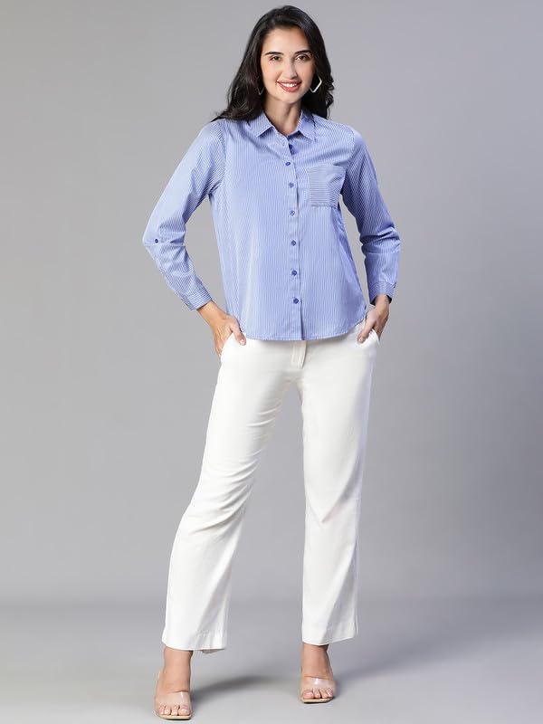 Image of oxolloxo Women Soild Collared with Chect Pocket Cotton Shirt