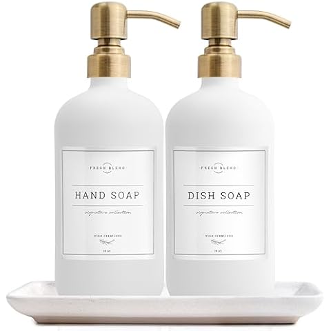 Vine Creations Glass Soap Dispenser, 2 Pack Kitchen Soap Dispenser Set with Ceramic Tray, Stainless Steel Pump, Dish Soap Dispenser for Kitchen, Hand Soap Dispenser Bathroom with Waterproof Labels Cover