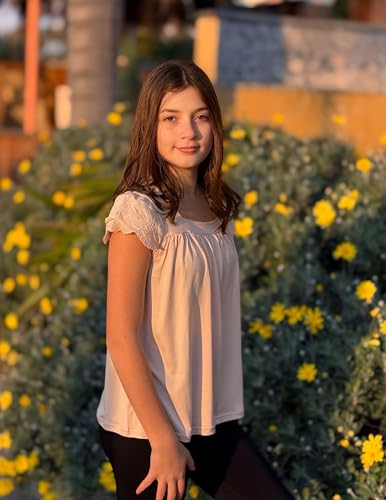 Image of Arshiner Girls Shirts Short Sleeve Square Neck Summer Lace Openwork Pleated Tops Blouse Tunic