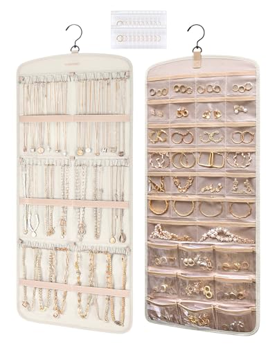 BAGSMART Hanging Jewelry Organizer, Necklace Holder Anti-tangle Earrings Rings Hanger with Pockets Hang on Closet, Wall, Door,1 Piece, Large Beige