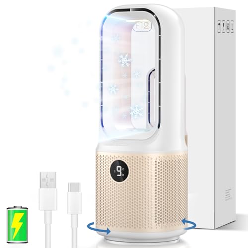 Desk Fan - Small Quiet Bladeless Table Fan, 14 Inch USB Rechargeable with 5000mAh Battery, 60°...