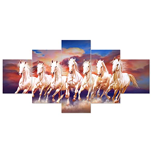 Image of Clasiko Set Of 5 Pcs 3D Wall Painting With Frame; 17x30 Inches; 7 Horses With Blue Background