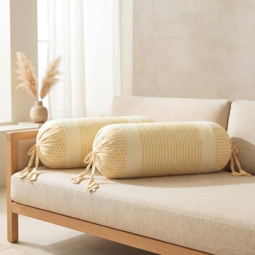 Image of SAJAVAT HOME Pure Cotton Stripe Bolster Cover | Decorative Round Cylindrical Pillow Cover for Sofa, Bed & Diwan | Soft & Breathable Cushion Cover | Beige with Mustard Check Design | Pack of 2