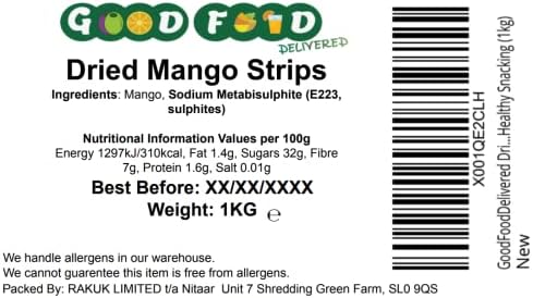 GoodFoodDelivered Dried Mango Strips 1kg  Premium Quality - All Natural, Juicy & No Added Sugar - Perfect for Healthy Snacking