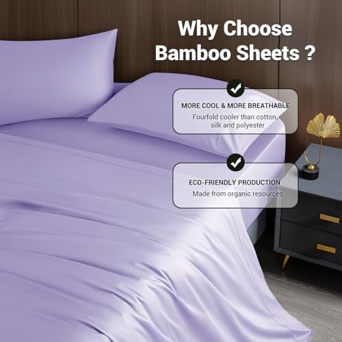 Image of Shilucheng 4 Piece Queen Sheet Sets, Cooling Sheets, Blend Rayon Derived from Bamboo, Deep Pocket Up to 16 inch, Breathable & Soft Bed Sheets, Hotel Silky Bedding Set, Lavender