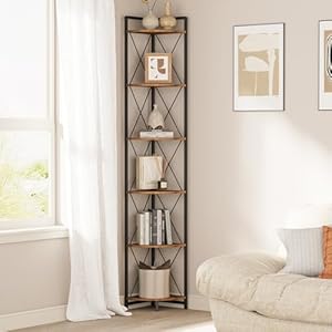6 Tier Corner Shelf Stand, 78″ H Tall Industrial Corner Bookshelf for Living Room Decor, Metal Corner Shelf, Plant Stand Display Shelf for Bedroom, Bathroom, Small Space, Rustic Brown