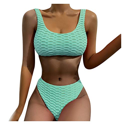 Traje de baño de bikini con corte de encaje alto para mujer, sexy push sólido, dos trajes de baño con pantalones cortos, verde, L Cover