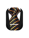 Barry.Wang Black Gold Silk Men Ties Formal Stripes Necktie and Tie Clip for Wedding Party Business Fashion Classic