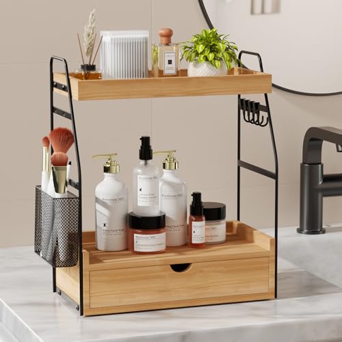 2 Tier Bathroom Counter Organizer with Drawer & Basket, Wooden Vanity Tray Countertop Shelf Accessories for Makeup Storage, Coffee Bar Station, Perfume Skincare, Kitchen, Bedroom (Brown)