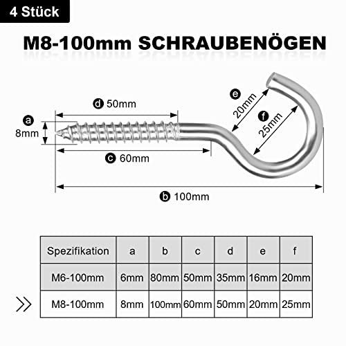 MOGADEE® Schraubhaken M8x100mm, 4 Stück Deckenhaken Edelstahl, Schwer Hakenschraube Groß, Haken zum Schrauben, Geeignet für Hängematten, Markisen, Hängesessel, Schaukelstühle, Festkabel, Blumenampel