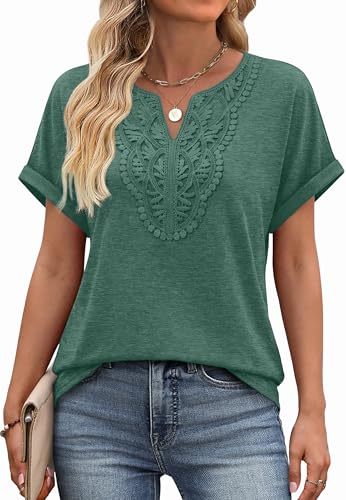Plus Size Tops for Women Blouses Dressy Casual St Patricks Day Shirt Women Summer Beach Vacation Clothes V Neck Curved Hem Green 2XL