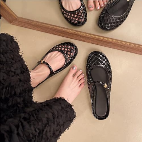 Image of Jelly Mesh Ballet Flats for Women Clear Hollow Jelly Shoes Sandals Round Toe Non-Slip Beach Ballerina Jellies Flats Shoes
