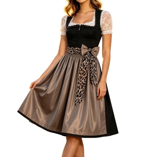 SKFLABOOF Dirndl Lang Damen Midi Kleid Trachtenmode Schürze Trachtenrock Set Dindl Stretch Drindel...
