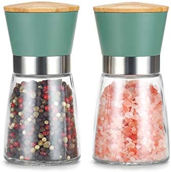 Vucchini Bamboo Cap Manual Salt and Pepper Grinder Set - Adjustable Coarse Salt and Pepper Mills - Refillable Ceramic Burr Kitchen Gift Salt Pepper Shakers Green