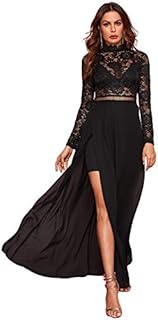 SweatyRocks Women's Sexy Sheer Lace Long Sleeve Split Maxi Cocktail Long Party Dresses Black M