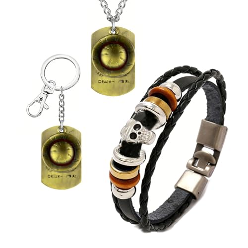 UoYu YouU Ensemble de Bijoux Cosplay Anime OP. Ensemble de Bijoux Ruffy Pendentif Collier Porte-clés Chapeau de Paille Pendentif Squelette Bracelet avec...